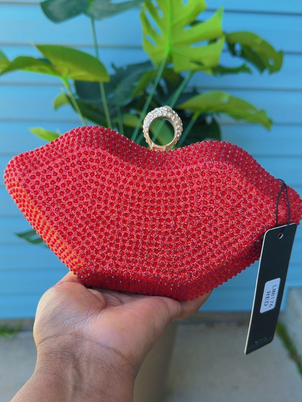 Red Rhinestone Lip Clutch Evening Bag with Gold Chain